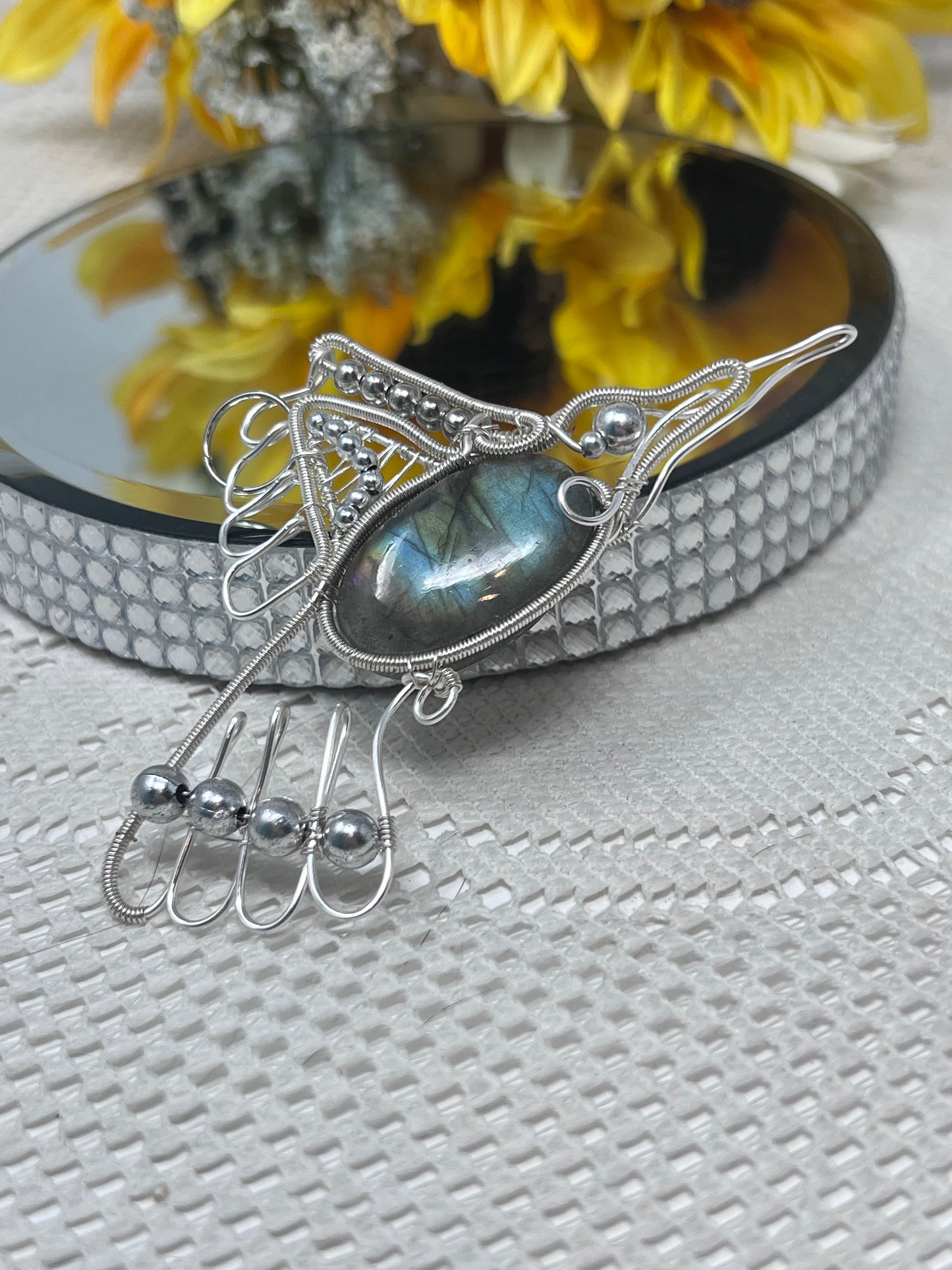 Aleta Labradorite Argentium Silver Wire Wrapped Hummingbird Pendant Necklace