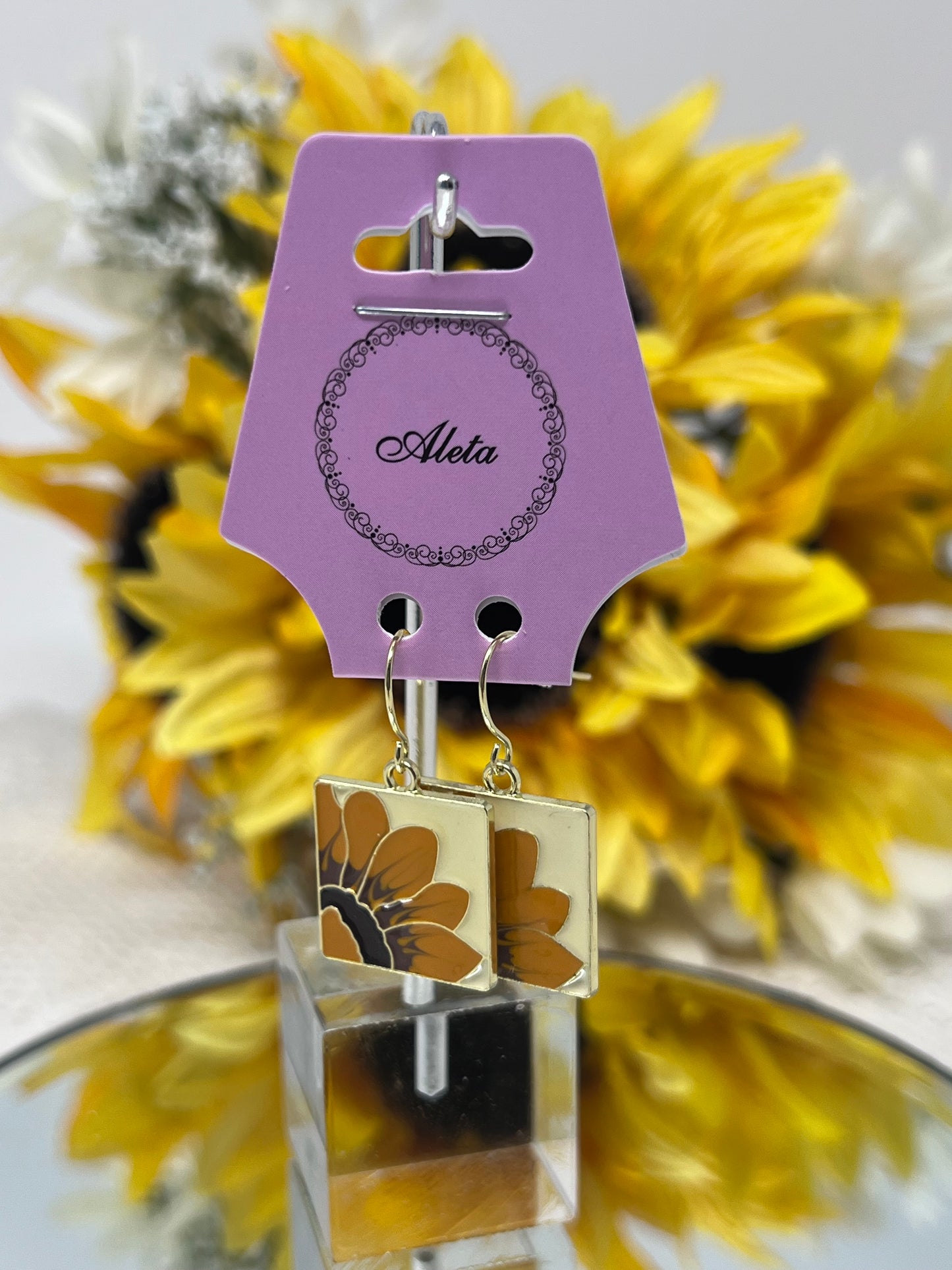 Aleta Gold Tone Sunflower Enamel Hook Earrings