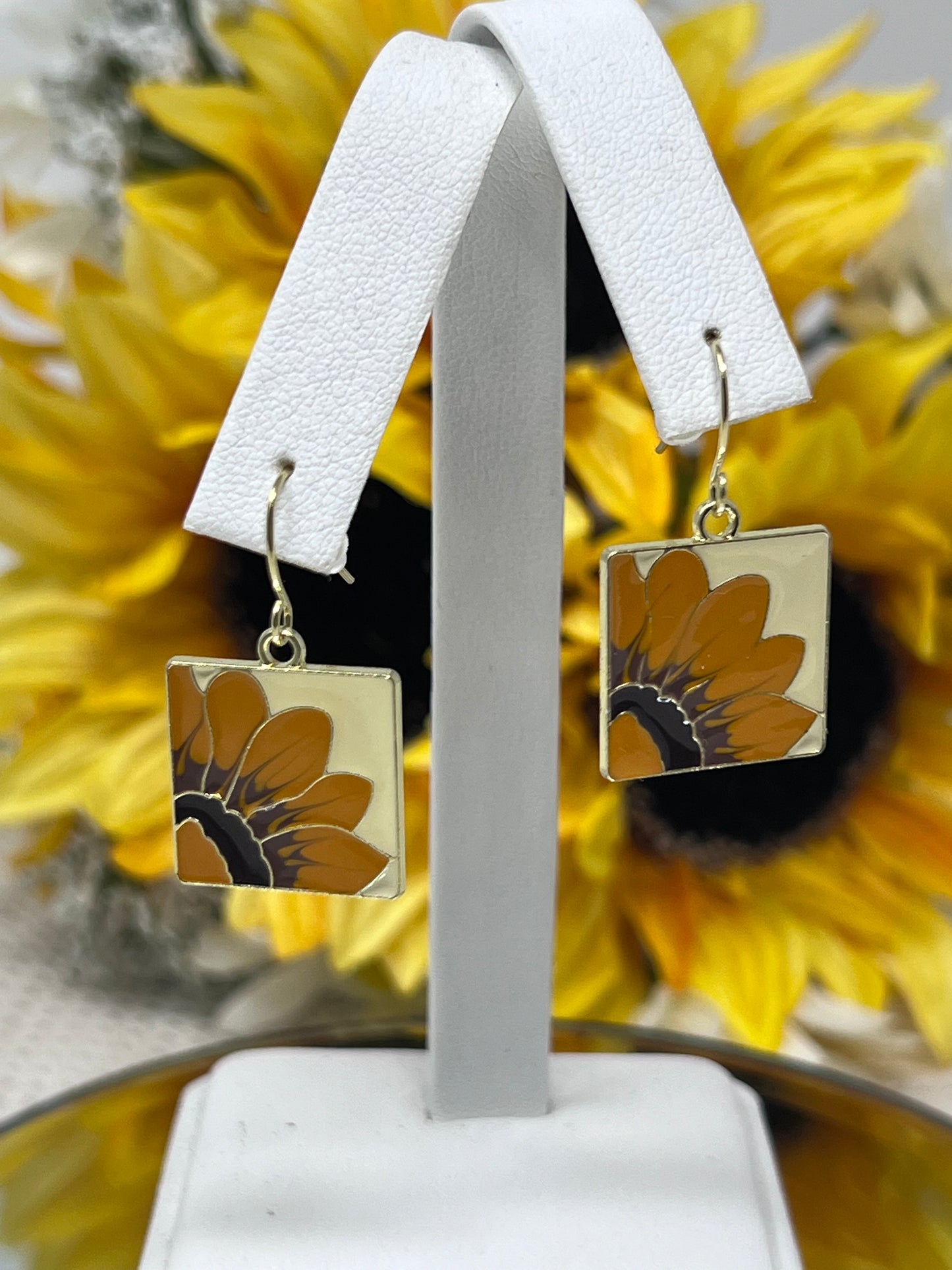 Aleta Gold Tone Sunflower Enamel Hook Earrings