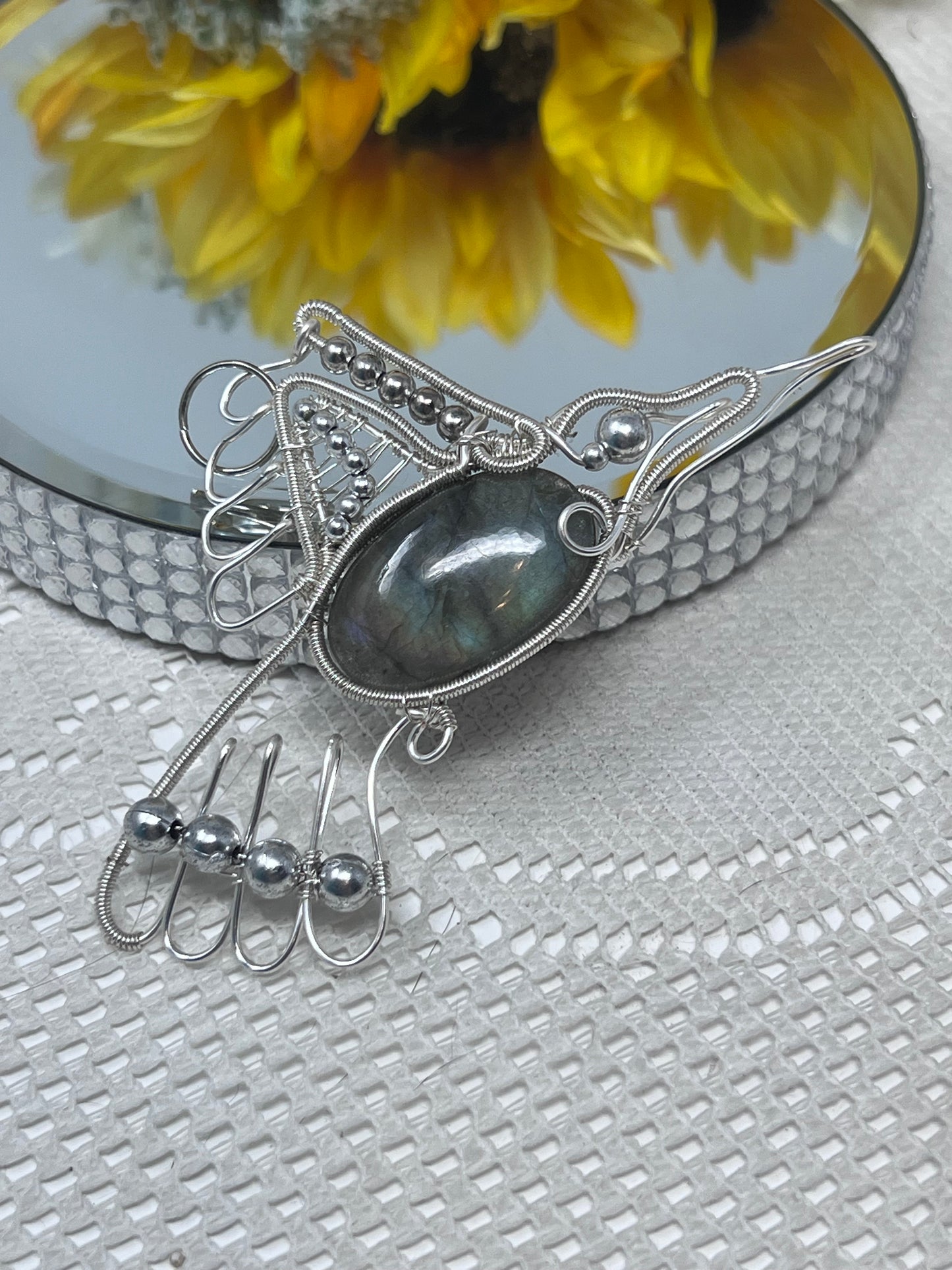 Aleta Labradorite Argentium Silver Wire Wrapped Hummingbird Pendant Necklace