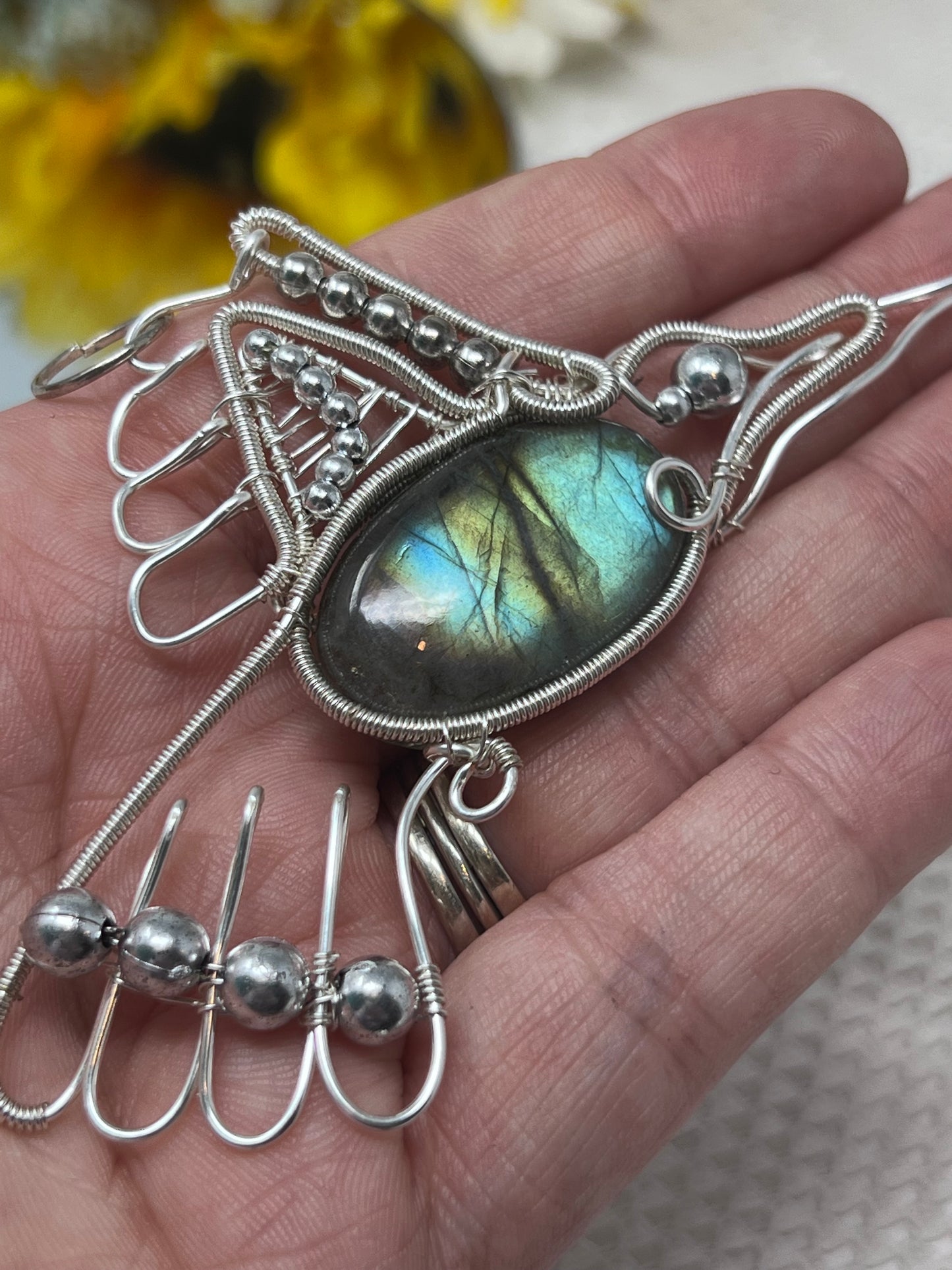 Aleta Labradorite Argentium Silver Wire Wrapped Hummingbird Pendant Necklace