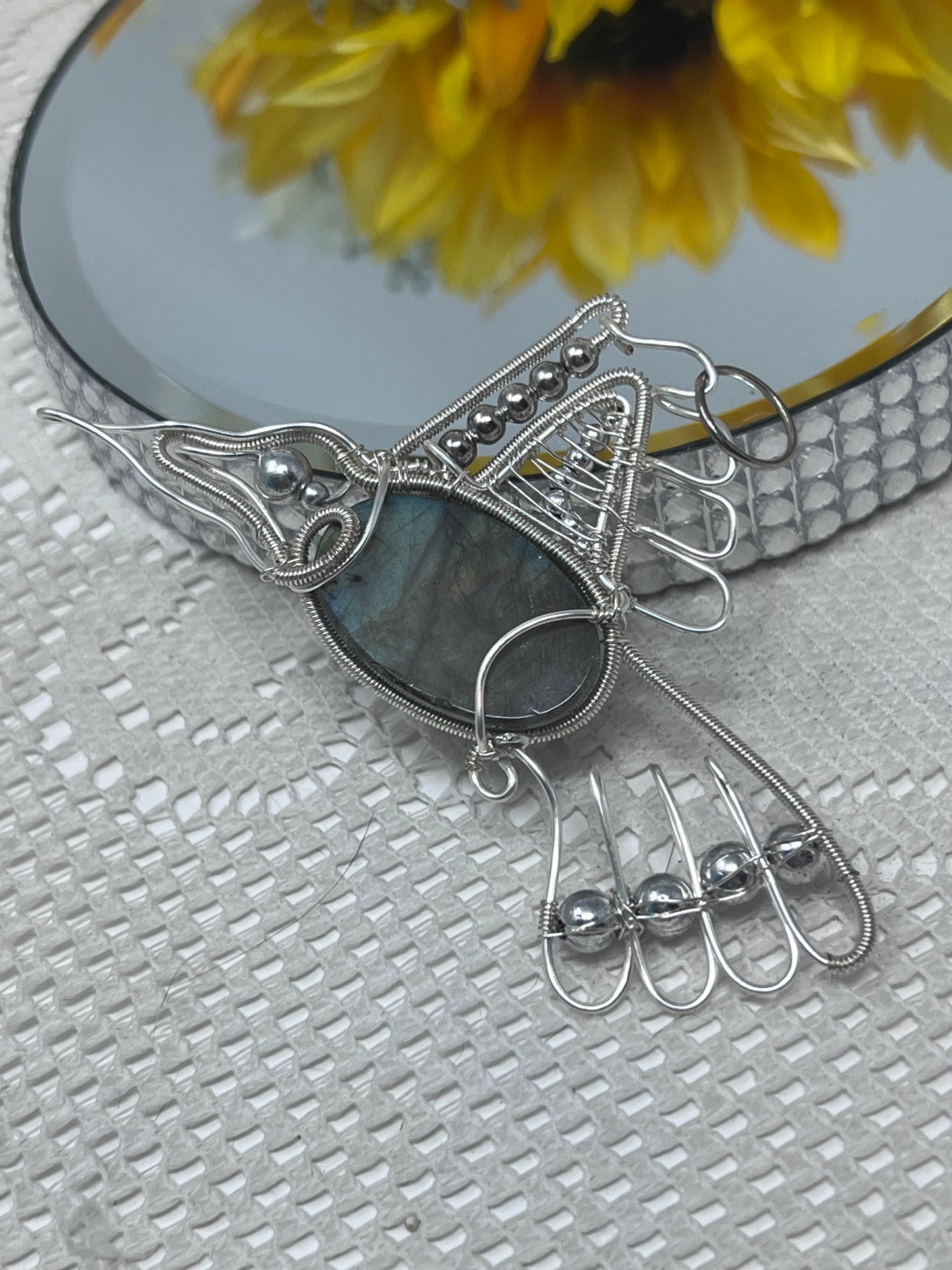 Aleta Labradorite Argentium Silver Wire Wrapped Hummingbird Pendant Necklace