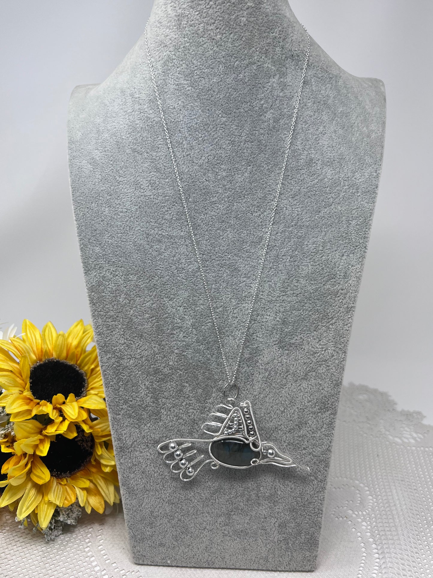 Aleta Labradorite Argentium Silver Wire Wrapped Hummingbird Pendant Necklace