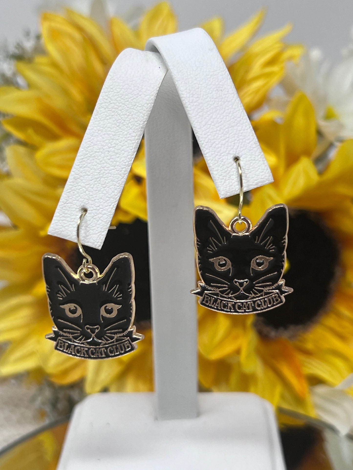 Aleta Gold Tone Black Cat "Black Cat Club" Enamel Hook Earrings