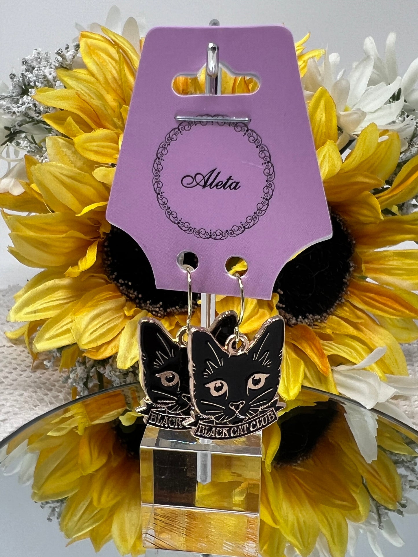 Aleta Gold Tone Black Cat "Black Cat Club" Enamel Hook Earrings