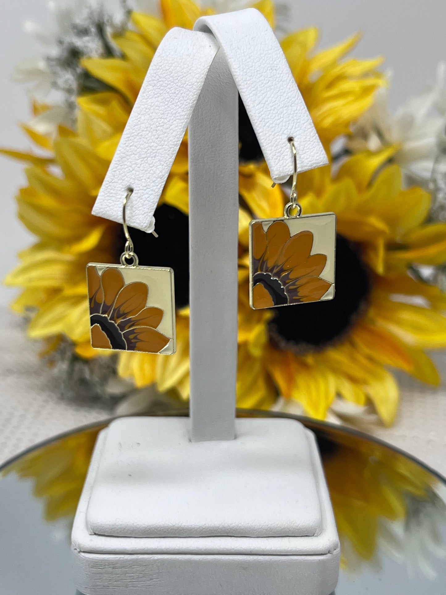 Aleta Gold Tone Sunflower Enamel Hook Earrings