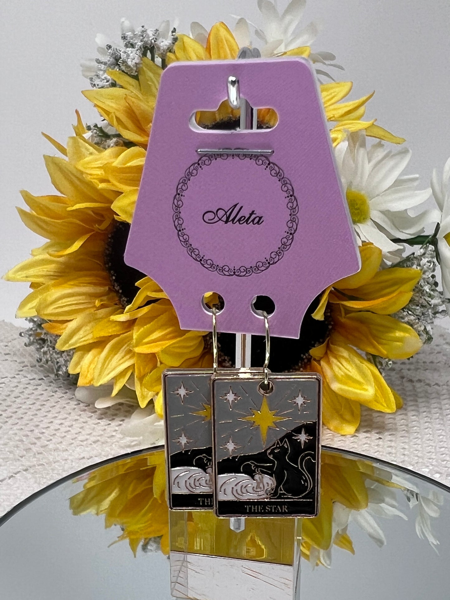 Aleta Gold Tone Black Cat "The Star" Tarot Card Enamel Hook Earrings
