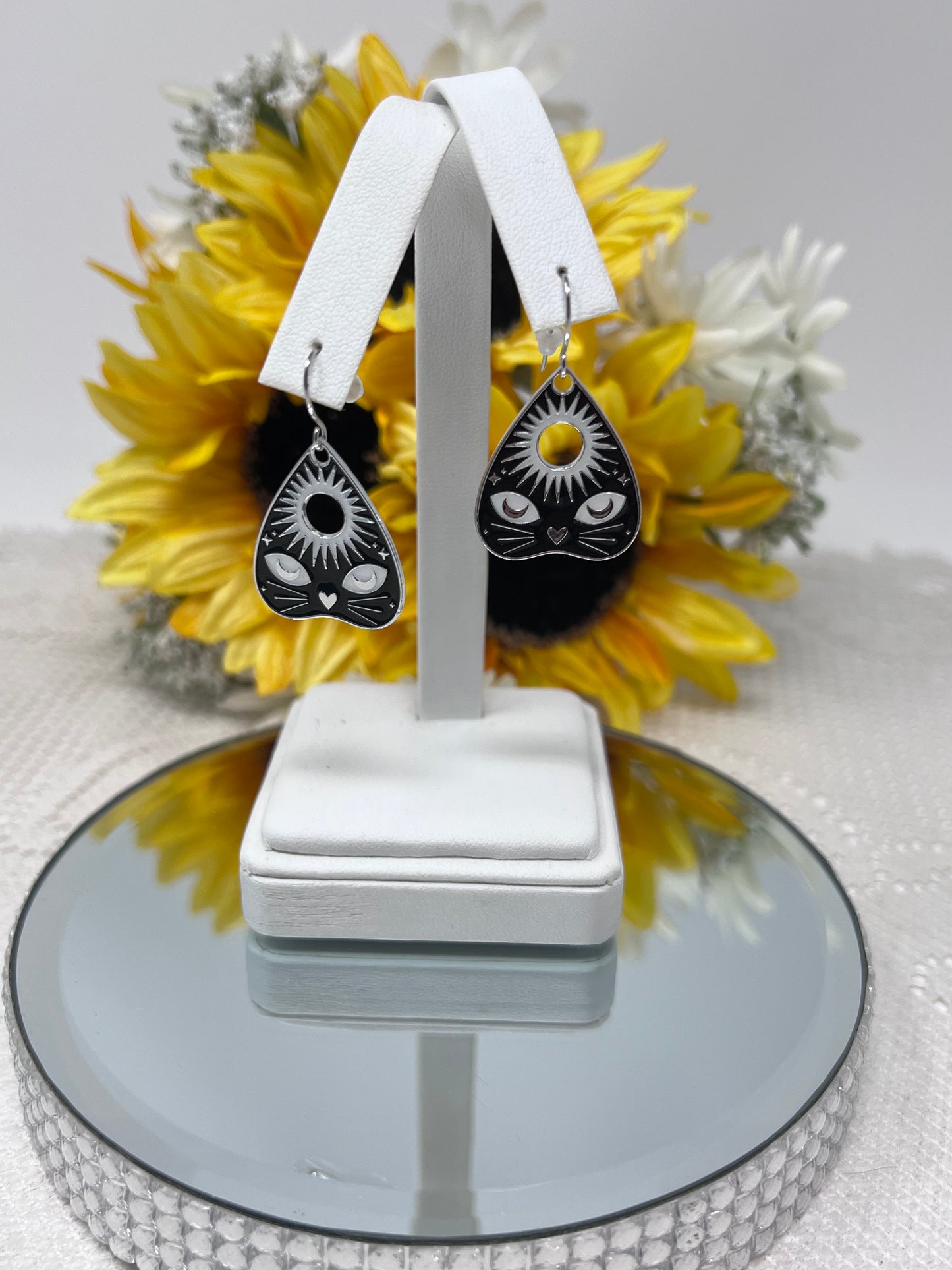 Aleta Silver Tone Cat Face & Sunburst Enamel Hook Earrings