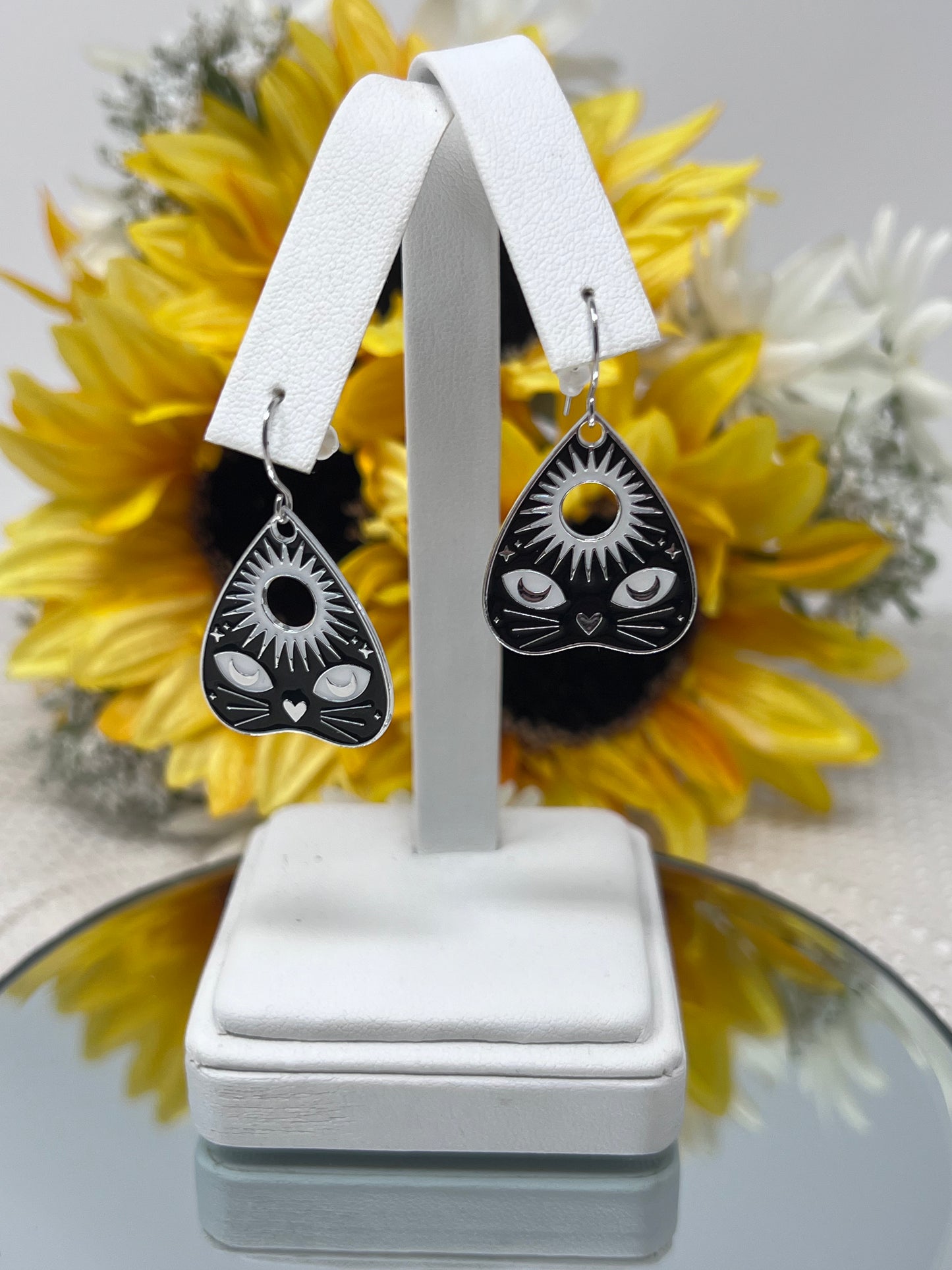 Aleta Silver Tone Cat Face & Sunburst Enamel Hook Earrings