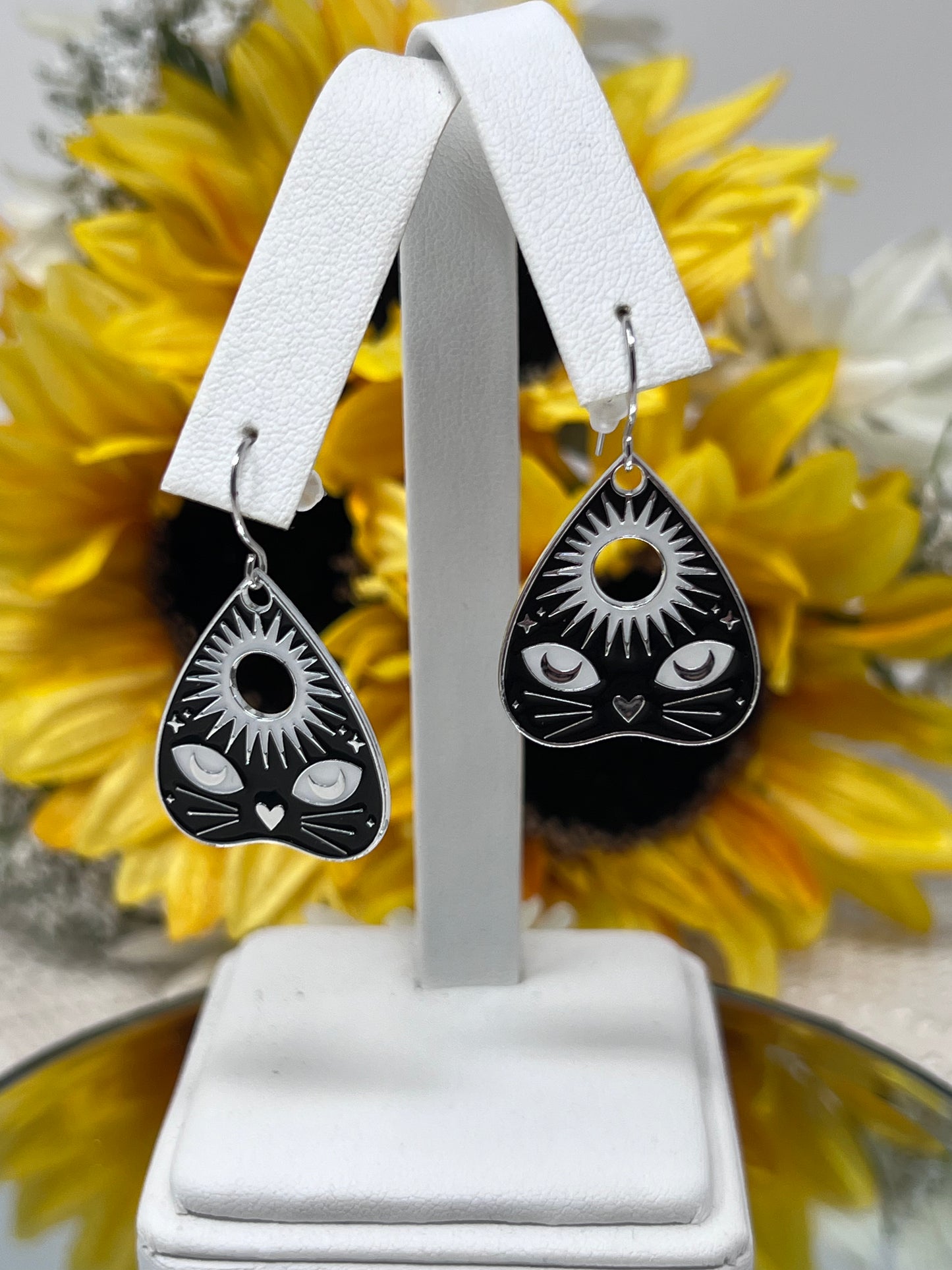 Aleta Silver Tone Cat Face & Sunburst Enamel Hook Earrings