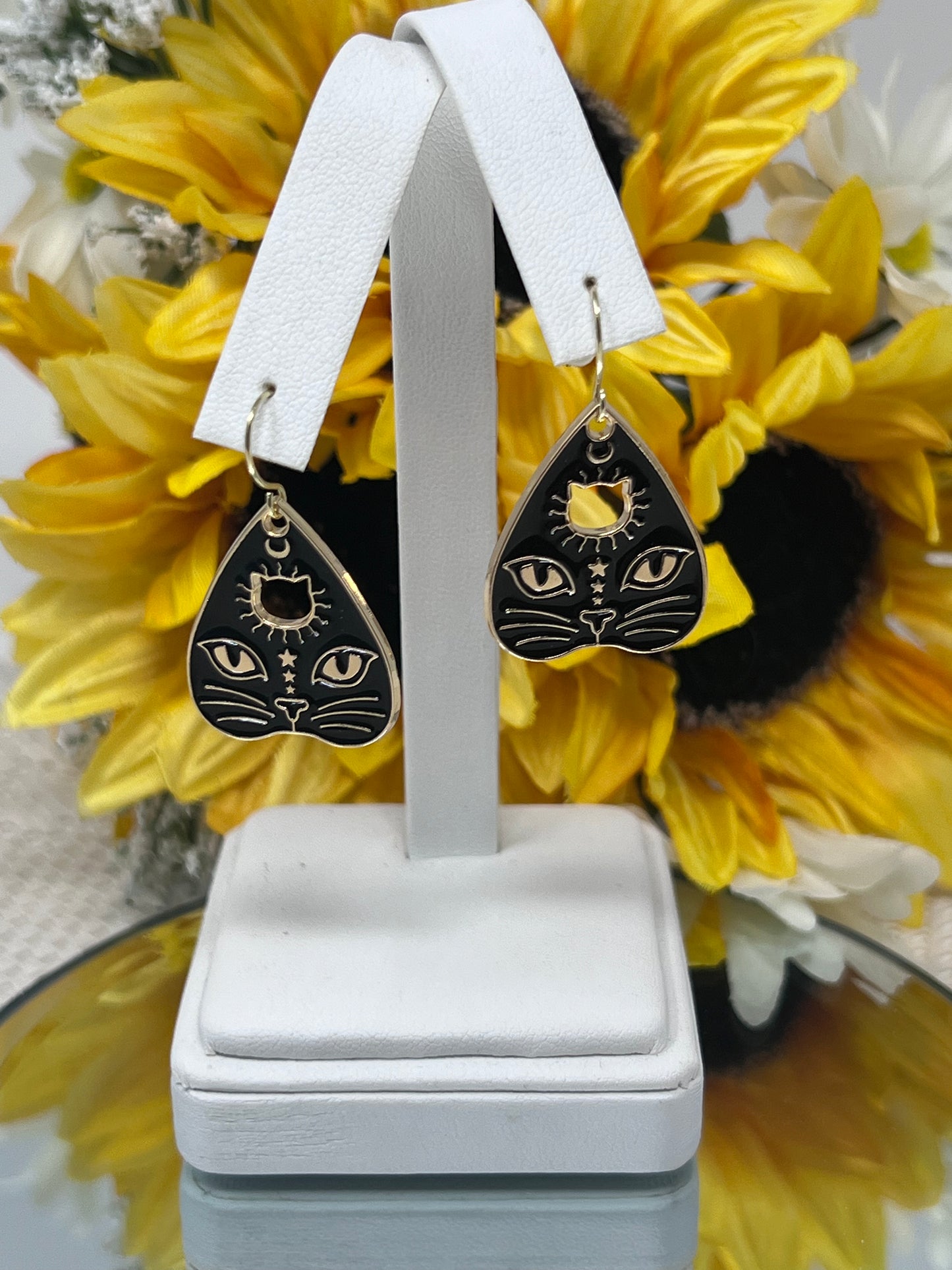 Aleta Gold Tone Black Cat Face Enamel Hook Earrings