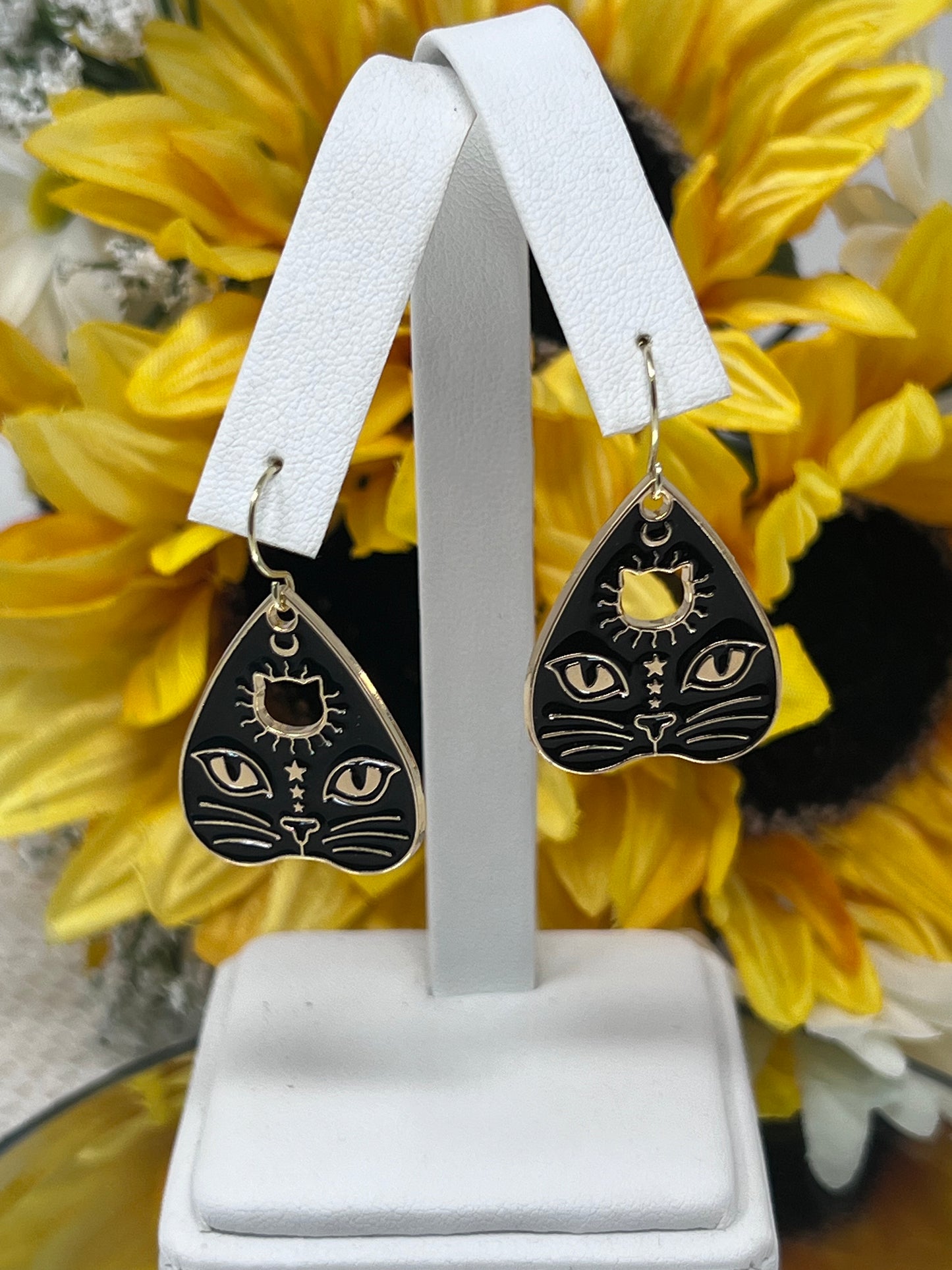 Aleta Gold Tone Black Cat Face Enamel Hook Earrings